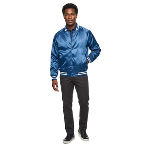 Chaqueta Varsity Azul Satinada para Hombre, Hecha a Medida, Corte Regular, Cuello Camisero, Cierre de Botones, Estilo Casual para Otoño, Chaqueta Bomber Cortavientos - Product Image 1