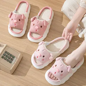 Sandal sepatu dalam ruangan untuk wanita, sandal selop Linen hewan babi kecil lucu mode musim panas untuk wanita