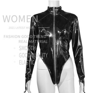 Body de cuero brillante sexy para mujer, de manga larga con cuello alto leotardo, ropa para discoteca, traje ajustado, ajuste personalizado - Product Image 1