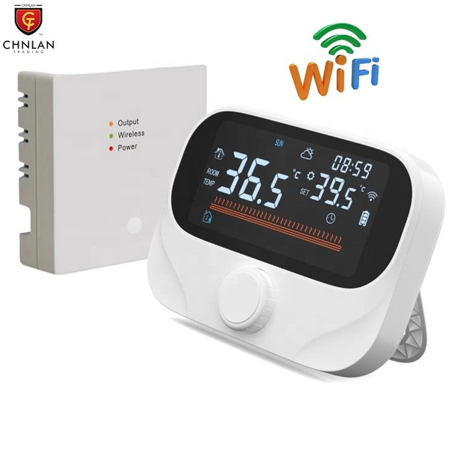 Tuya Type C Battery Powered RF Wireless Wifi Gas Boiler Room Thermostat with a Receiver With Alexa Google Home Voice Control