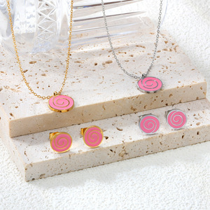 Lindo colgante en espiral rosa con forma de piruleta, collar de acero inoxidable y juego de pendientes para mujer, regalo, joyería, accesorio de moda - Product Image 1