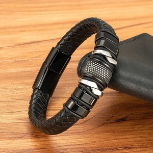 Pulsera de Cuero Trenzado para Hombre, Acero Inoxidable, Baño de Plata Negra, Estilo Clásico, Patrón Geométrico, Regalo - Product Image 2