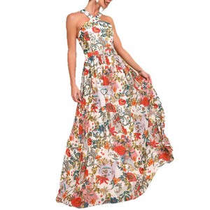 Vestido Largo de Noche con Estampado Floral, Hombros Descubiertos, Cintura Imperio, de Gasa, Transpirable, para Primavera/Verano - Product Image 5