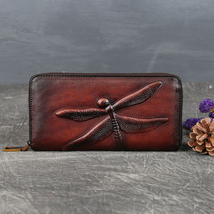 Portefeuille long pour femme en cuir véritable de luxe vintage avec logo personnalisé, motif <span class=keywords><strong>libellule</strong></span> en relief, fermeture éclair, pochette rétro, porte-cartes de crédit - Product Image 3