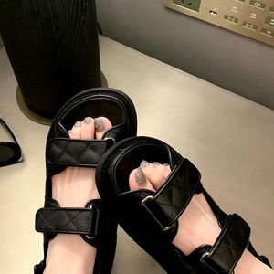 Black Genuine Leather <b>Flat</b> <b>Sandals</b> with Buckle Closure Open Toe Chunky Sole Summer Women Shoes - Product Image 3