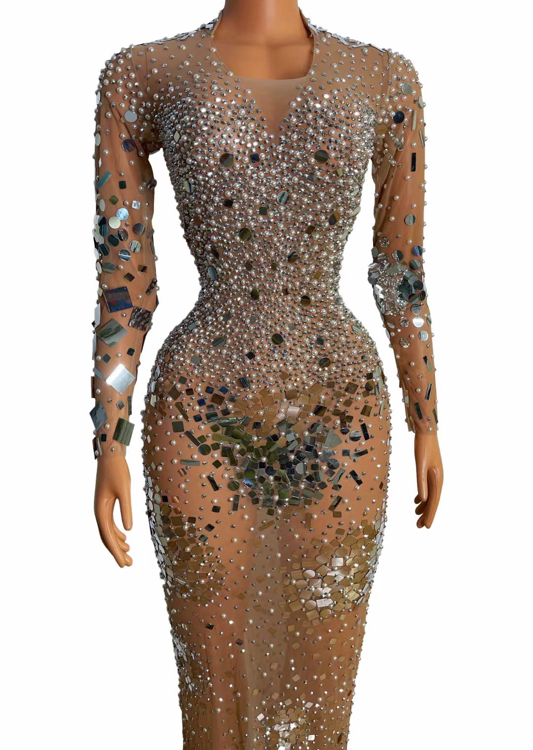 ladies nude dress Crystal Neckline Lace Midi Dress Nude