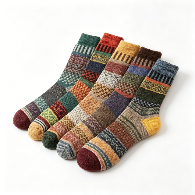 Wholesale Bulk Ethnic Vintage Jacquard Anti-Bacterial Casual Nordic Winter Warm Crew Socks Sets for Men