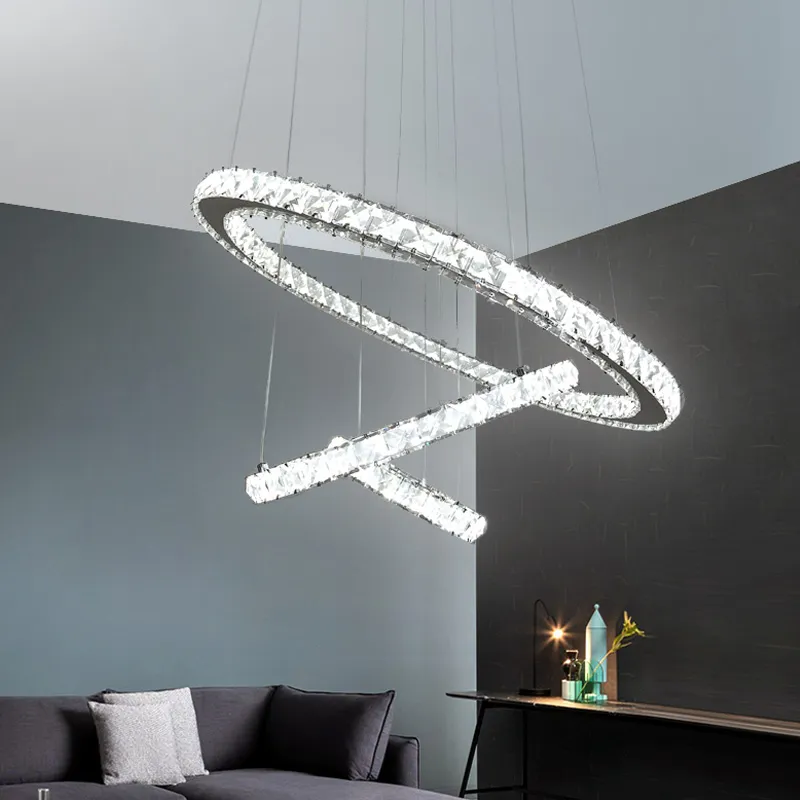 Modern Living Room 3 rings Ceiling Lighting Fixture Adjustable Stainless Steel LED Crystal chandelier Pendant Lights