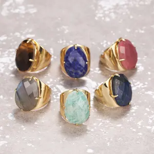 Fashion Mens Adjustable Natural Stone Ring High Quality gemstone Gold Rings faceted Lapis Lazuli Agate Stone Rings for women