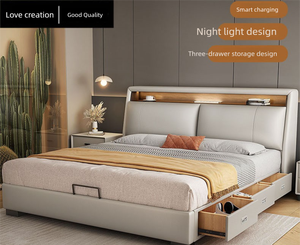 <span class=keywords><strong>Lit</strong></span> de rangement moderne et luxueux en cuir véritable avec tête de <span class=keywords><strong>lit</strong></span> rembourrée, veilleuse LED et tiroirs pour chambre principale ou appartement - Product Image 1