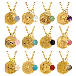 Vintage Rétro Horoscope Rond Coin Collier 18k PVD Plaqué Or En Acier Inoxydable Lien Chaîne 12 Signe Du Zodiaque Hommes Femmes Bijoux - Product Image 1