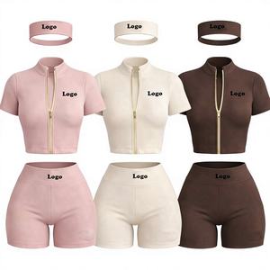 Ensemble <span class=keywords><strong>de</strong></span> <span class=keywords><strong>vêtements</strong></span> <span class=keywords><strong>de</strong></span> <span class=keywords><strong>sport</strong></span> pour femmes en 3 pièces, veste courte à fermeture éclair à manches courtes, short <span class=keywords><strong>de</strong></span> <span class=keywords><strong>sport</strong></span>, bandeau, yoga, gym, entraînement, fitness, <span class=keywords><strong>vêtements</strong></span> <span class=keywords><strong>de</strong></span> <span class=keywords><strong>sport</strong></span> - Product Image 2