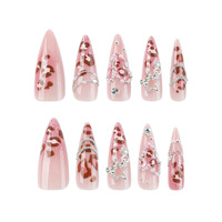 Faux ongles longs à pression, motif léopard rose, paillettes, breloques 3D étoile et lune en strass, ongles artificiels, ODM OEM, vente en gros