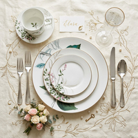 Service de table en céramique de luxe avec bordure dorée et motifs botaniques, assiettes en porcelaine fine personnalisées, tasses à thé et café avec soucoupes, ensemble de vaisselle
