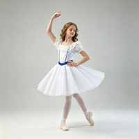 Costume de danse de ballet blanc pour filles, manches bouffantes, garniture en dentelle, corsage décoré de strass avec ceinture bleue, jupe longue en mousseline pour spectacle