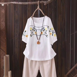Women's Cotton Linen Embroidered T-Shirt Navy Blue Loose Fit Retro Style Plus Size Short Sleeve Breathable Everyday Wear - Product Image 4