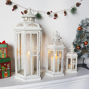 3er-Set Vintage Metall Glas Laternen in Weiß, dekorative Metalllaternen für Innen und Außen, große Laternen für Weihnachten und Hochzeit - Product Image 4