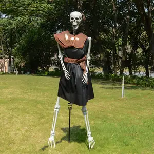 PartyGears Life Size Skeleton Warrior Halloween Outdoor Decorations Scary Black Costume Standing Skeleton