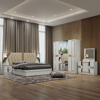 Ensemble de meubles de chambre à coucher en bois de luxe pour villa, bureau à domicile, lit moderne Queen, Full, King Size avec rangement, éclairage intégré, finition beige brillant