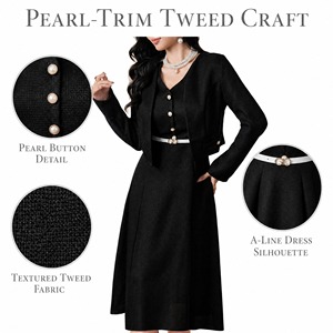 Ensemble tailleur noir en tweed avec garniture perlée pour <span class=keywords><strong>femme</strong></span>, veste courte, jupe, ceinture blanche, boucle dorée, idéal pour le bureau, les soirées, les occasions formelles, personnalisable OEM/ODM - Product Image 2