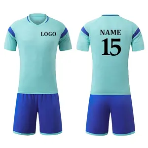 Özel Logo erkekler Polyester futbol kiti boş mavi futbol üniformaları gençlik çocuk futbolu Jersey futbol üniformaları takım ekibi