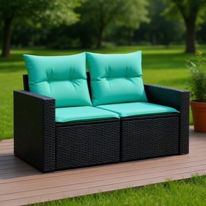 Sofá de Jardín de 2 Plazas en Ratán Sintético Negro con Cojines, Estilo Moderno, Muebles de Exterior - Product Image 2