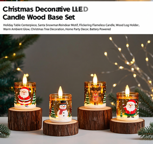 Bougies LED blanc chaud de Noël avec base en bois, lot de 4 |   Centre de table de Noël sans flamme avec boutons décoratifs Père Noël, Bonhomme de neige et Renne - Product Image 2