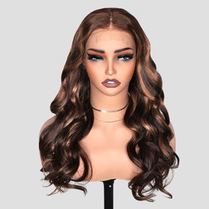 T4P4/27 #   Perruques sans colle à ondulations lâches en <span class=keywords><strong>cheveux</strong></span> humains, perruque à dentelle frontale 13x4 avec nœuds décolorés, raie classique et mèches ombrées - Product Image 1
