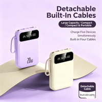 Batterie externe transfrontalière en gros avec câble intégré, 20000 mAh, batterie au lithium polymère, sortie 20W, grande capacité, compacte et portable