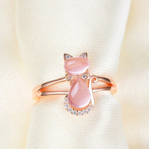 Anello con gatto in cristallo rosa per donna, grazioso, dolce, minimalista, alla moda, gioiello da dito - Product Image 4