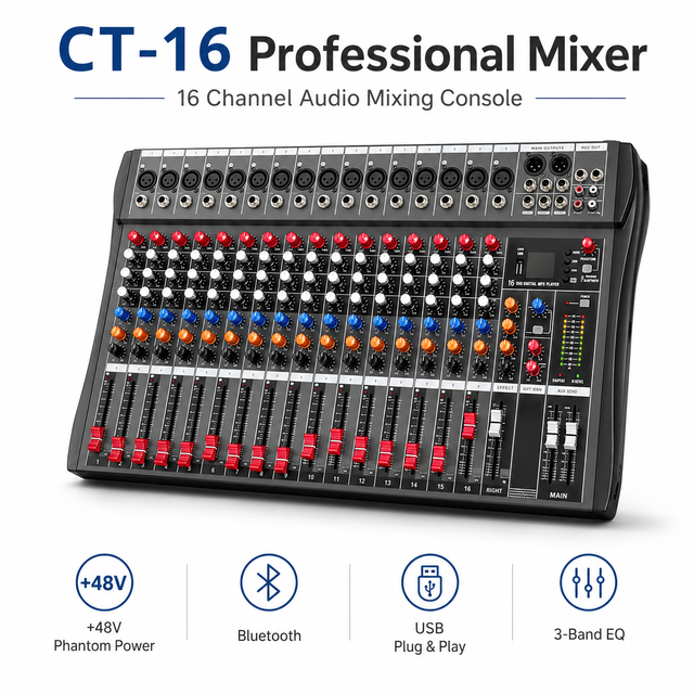 Professional 16-Channel Analog Audio Mixer Console 3-Band EQ Built-In Effects for DJ Stage Live Sound Recording Karaoke PA
