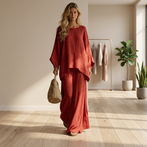 Conjunto Casual Bohemio de Dos Piezas para Mujer, de Algodón, Cintura Alta, Manga Tres Cuartos, Cuello Redondo, Corte Regular, Color Liso Teñido - Product Image 1