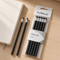 FLOWood Lot de 5 crayons en bois, crayons à mine noire avec gomme, sac de rangement suspendu, pour bureau et école