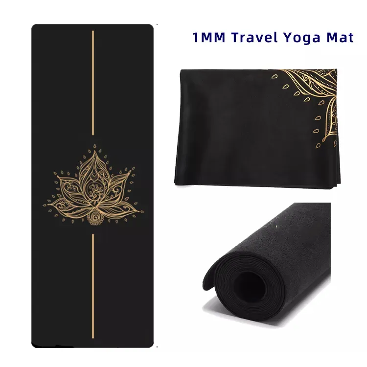 Tikar yoga Microfiber ringan kepadatan tinggi, tikar karet suede perjalanan dapat dilipat dengan cetak emas kustom