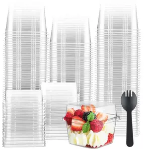 8 Oz Plastic Parfait Cups With Lids Recycle Disposable Clear Square PET Dessert Tableware Cake Containers