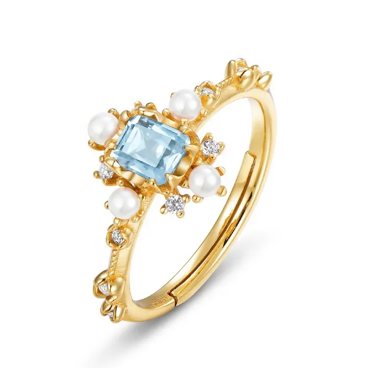 Vintage gemstone ladies rings S925 sterling silver sky blue topaz white shell cubic zirconia jewellery finger ring