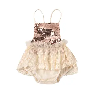 Mới Bé Gái Spaghetti Dây Đeo Romper Sequin Ren Romper