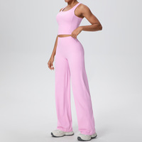 7123+7126 Nouvel ensemble de yoga double face brossé, couleur unie, respirant, en Spandex/Nylon, infroissable, coupe longue et jambe large