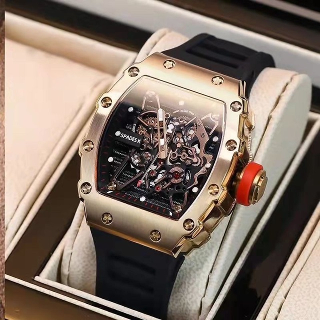 Richard Fashion Hollow Mill Full Automatic Mechanical Men's High-end Business Barrel-shaped Personality Silicone Watch