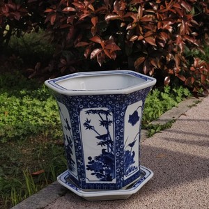 Maceta china tradicional con diseño de cuatro estaciones Maceta de porcelana hexagonal azul y blanca Maceta de jardín pintada <span class=keywords><strong>a</strong></span> <span class=keywords><strong>mano</strong></span> - Product Image 2