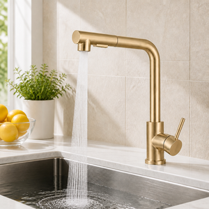 Robinet de cuisine extractible moderne en acier inoxydable SUS304 doré brossé, mitigeur d'évier à poignée unique et double mode - Product Image 5