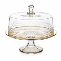 Présentoir à gâteau en verre jetable haut de gamme avec couvercle en dôme, plateau de présentation sur piédestal, bord doré, élégant pour desserts de mariage et usage domestique