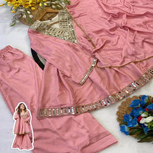 <b>Pink</b> Embroidered Shawl with Mirror Work Traditional Indian Pakistani Women's Wear Silk Soft Chinon Breathable Skin-Friendly - Product Image 6