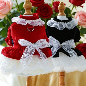 Pet Dog Clothes <b>Red</b> Velvet Princess Dress With Lace <b>Bow</b> Cute Design For Spring Autumn Wedding Outfit - Product Image 2