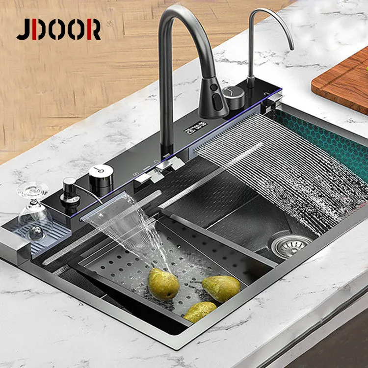 JDOOR Popular Big Single Bowl Stainless Steel LED Waterfall Kitchen Sink Digital Display With Digital Screen