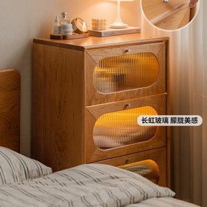 Commode en bois massif de 40 cm de large, armoire de rangement à trois tiroirs, meuble de chambre à coucher avec design à panneaux en verre - Product Image 4