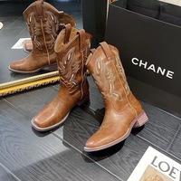 Bottes de cowboy vintage pour femme 2026 en cuir microfibre, mi-mollet, brodées, support OEM/ODM d'usine, personnalisation privée