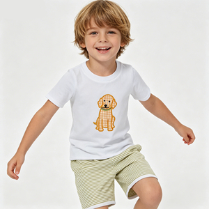 Conjunto de pantalones cortos a rayas con bordado de perro de algodón para niños pequeños, ropa informal de verano, ropa a juego para hermanos - Product Image 5