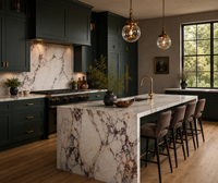 Ensemble d'armoires de cuisine modernes KEJIA vert foncé style Shaker avec îlot en marbre veiné violet, armoires de cuisine modulaires personnalisées