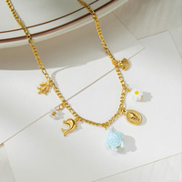 Collier en acier inoxydable plaqué or 18 carats, résistant au ternissement, avec breloques tortue, dauphin, corail et fleur bleu océan, bijoux côtiers sirène Kawaii